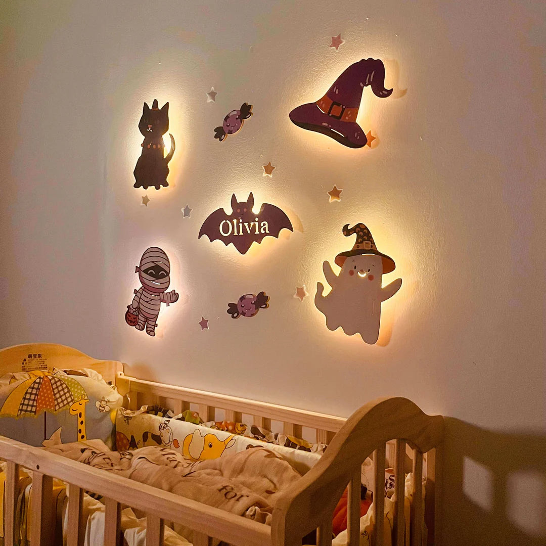Ensemble de lampe murale en bois personnalisée pour chambre de bébé - Thème Halloween