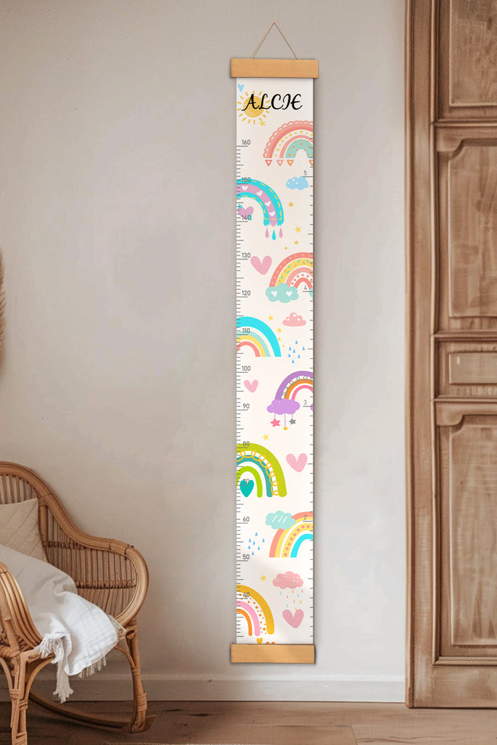 Règle de hauteur personnalisée en toile suspendue avec soleil et arc-en-ciel