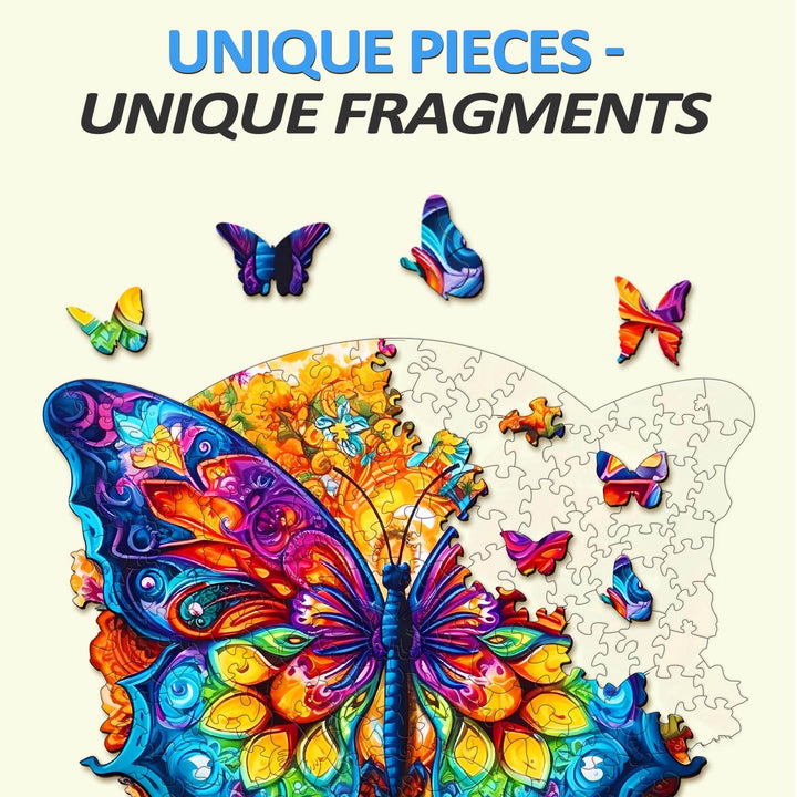 Colorful Mandala Butterfly wooden jigsaw puzzle with unique, intricately shaped pieces and vibrant designs.