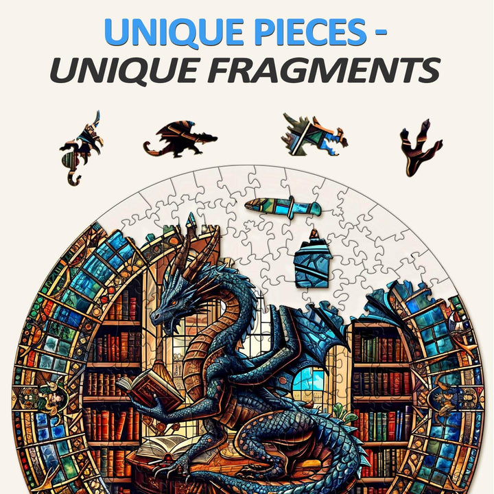 Dragon's Library wooden jigsaw puzzle showcasing unique pieces and vibrant artwork of a dragon in a library.