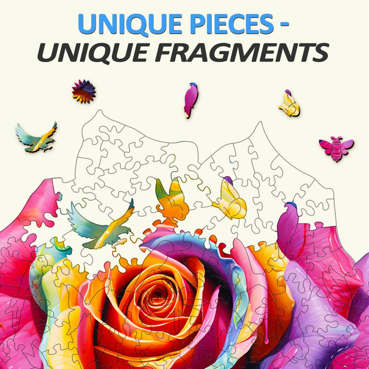 Colorful rose wooden jigsaw puzzle with unique pieces, ideal for enhancing focus and mind skills.