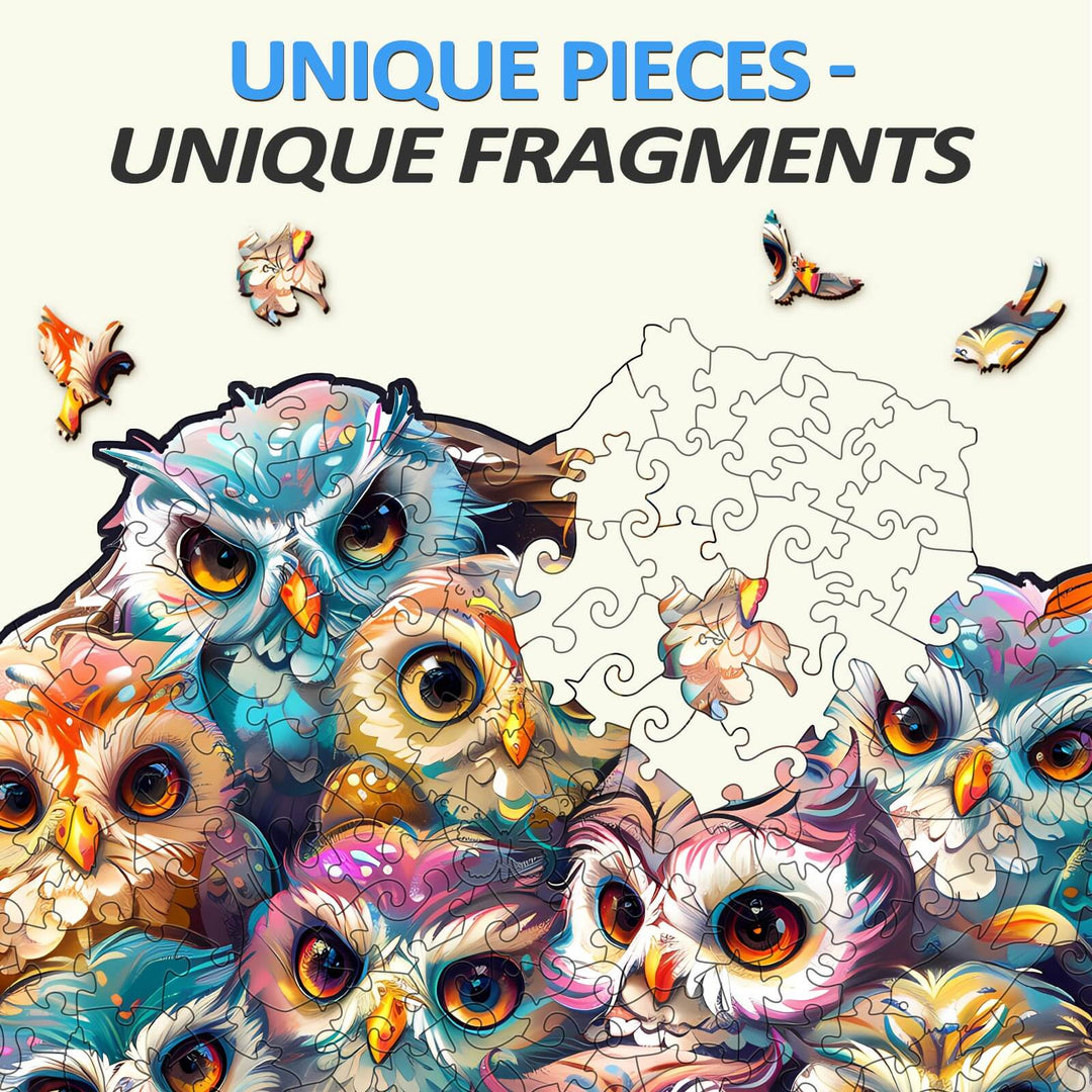 Colorful baby owls jigsaw puzzle pieces showcasing vibrant art and unique design for enhanced focus and fun.