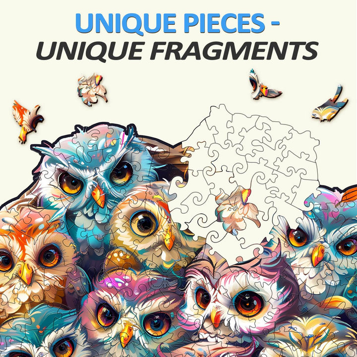 Colorful baby owls jigsaw puzzle pieces showcasing vibrant art and unique design for enhanced focus and fun.