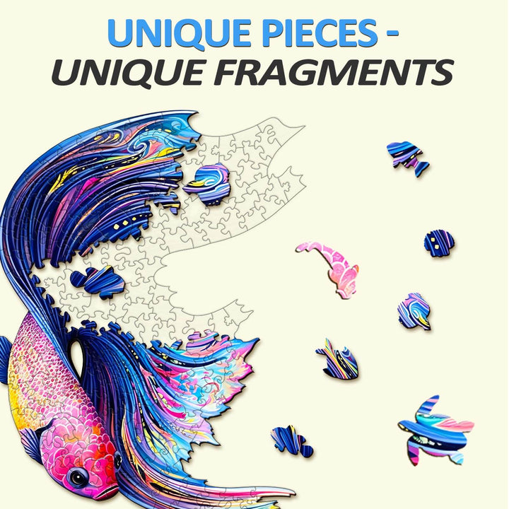 Colorful unique fish puzzle pieces showcasing intricate design and craftsmanship in a vibrant wooden jigsaw.
