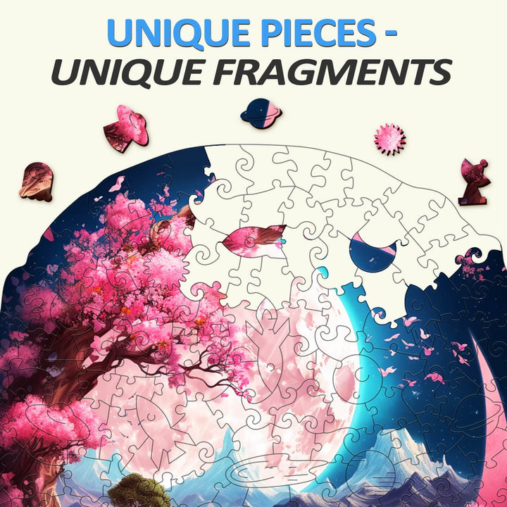 Colorful pieces of the Beautiful Moon Wooden Jigsaw Puzzle showcasing unique fragments and a vibrant garden scene.