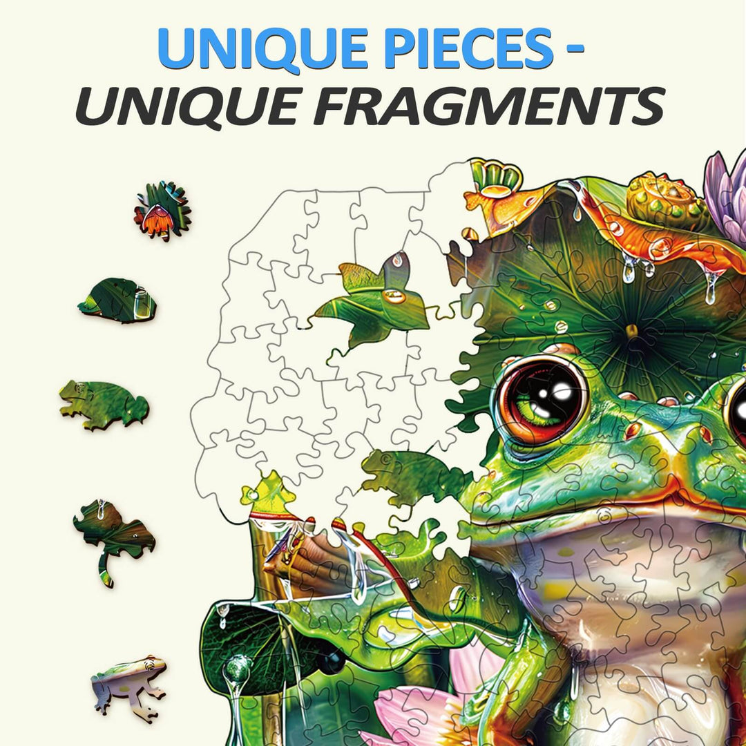 Colorful frog wooden jigsaw puzzle with unique pieces, promoting focus and cognitive skills through playful mind games.