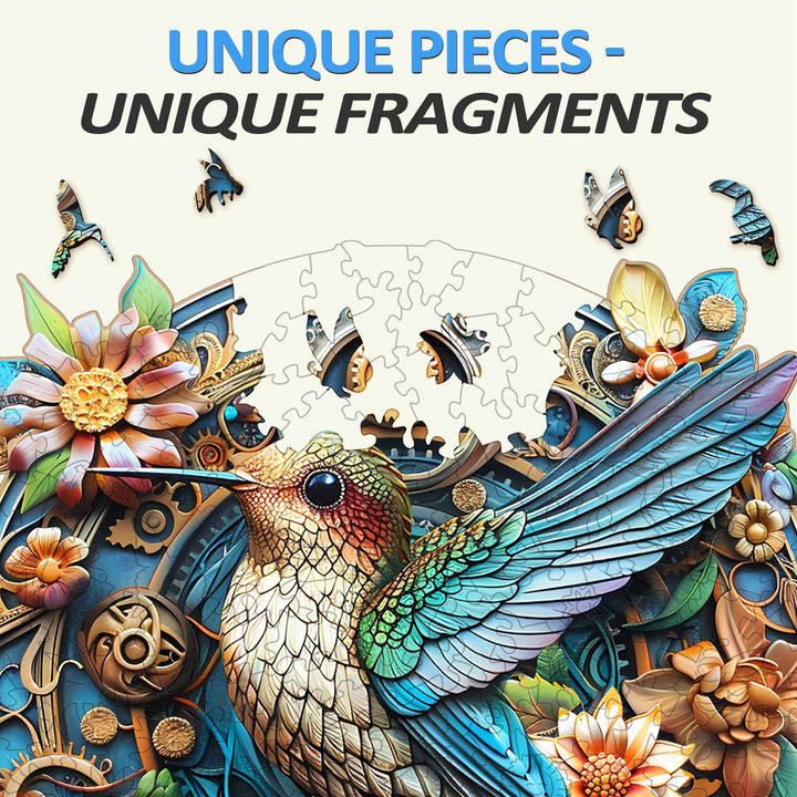 Colorful hummingbird jigsaw puzzle with unique pieces and floral design, promoting focus and cognitive skills.
