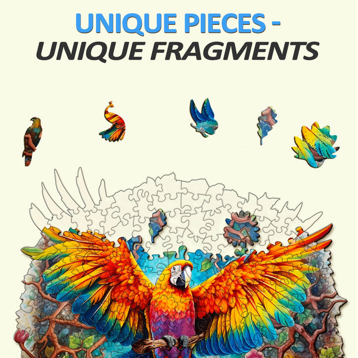 Curious Parrot Wooden Jigsaw Puzzle featuring vibrant, uniquely shaped pieces and colorful artwork of a parrot and nature.