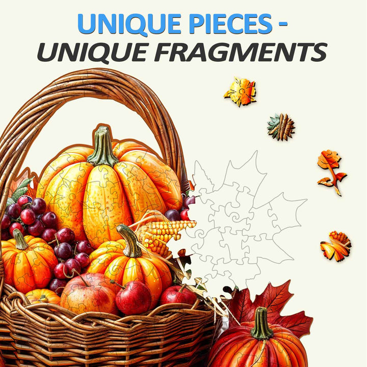 Colorful autumn wooden jigsaw puzzle featuring a basket of pumpkins and fruits, promoting focus and cognitive skills.