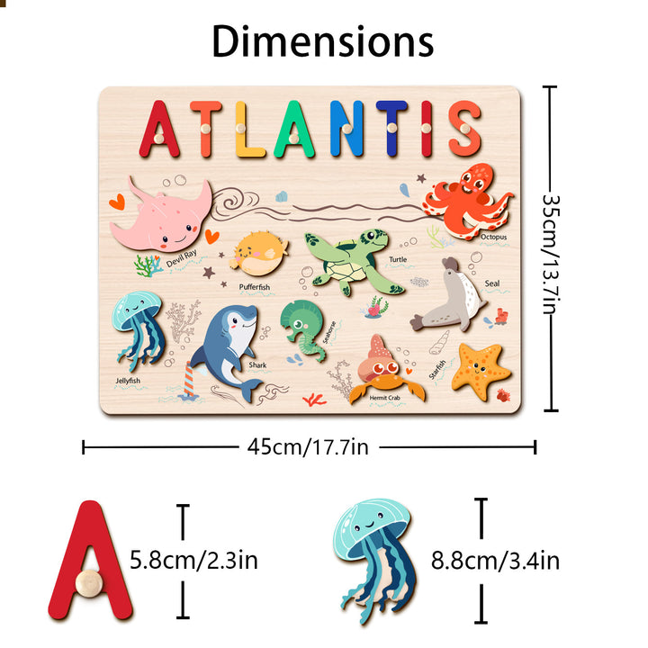 Puzzle en bois personnalisé avec prénom - Jouet animaux marins pour tout-petits