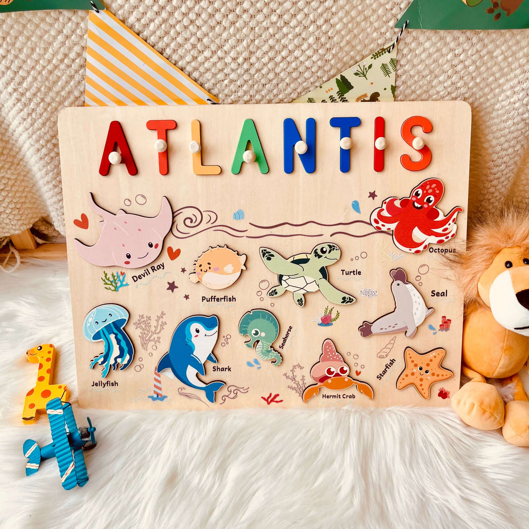 Puzzle en bois personnalisé avec prénom - Jouet animaux marins pour tout-petits
