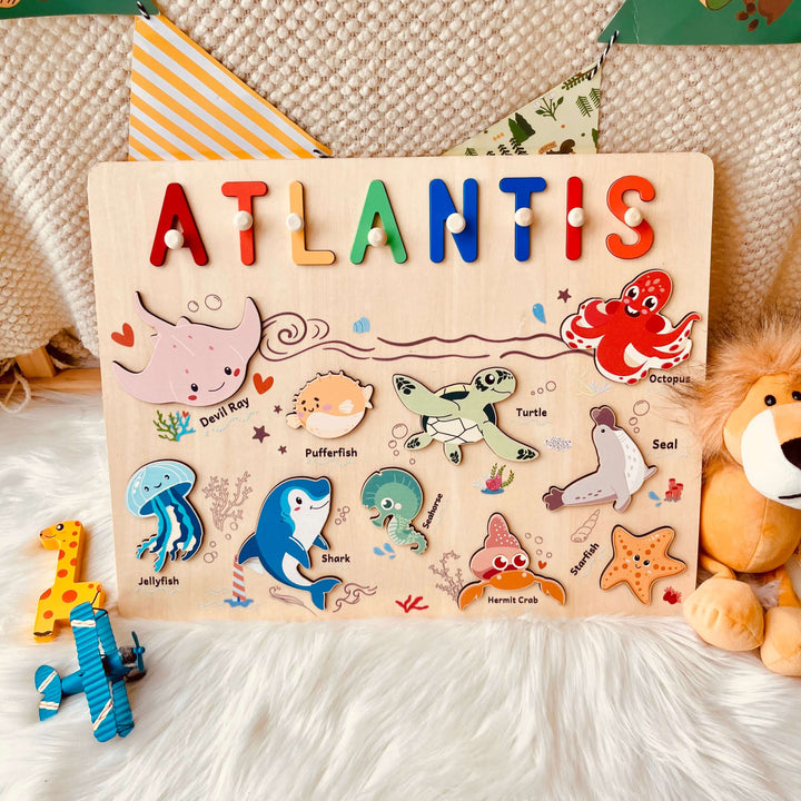 Puzzle en bois personnalisé avec prénom - Jouet animaux marins pour tout-petits
