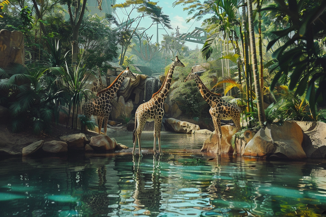 Three giraffes in a lush forest habitat near a tranquil pond, reflecting their elegance and beauty in nature.