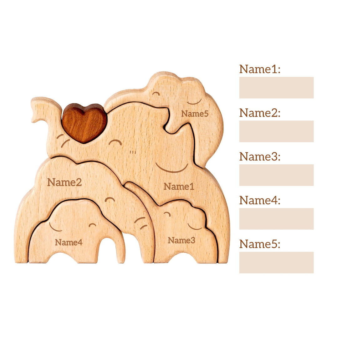 Personalized wooden elephant family puzzle with engraved names, ideal customized gift for family celebrations.