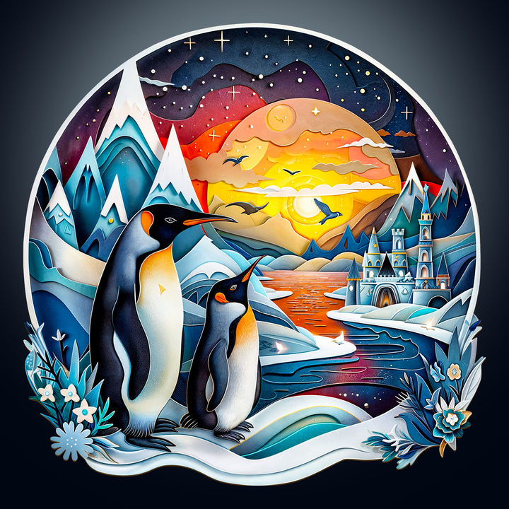 3D penguin family wooden jigsaw puzzle depicting two penguins in a colorful icy landscape with mountains and sunset.