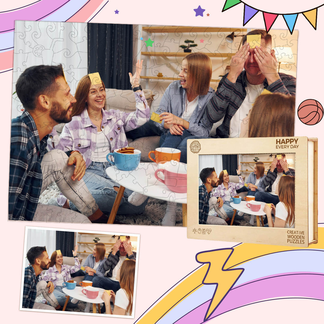 Group of friends enjoying a fun time with a personalized photo wooden puzzle, laughing and bonding over games.