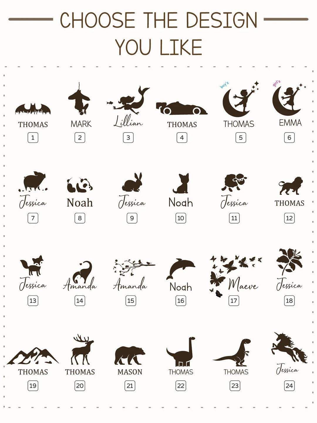 Personalized design options for growth chart rulers featuring names and playful animal illustrations.
