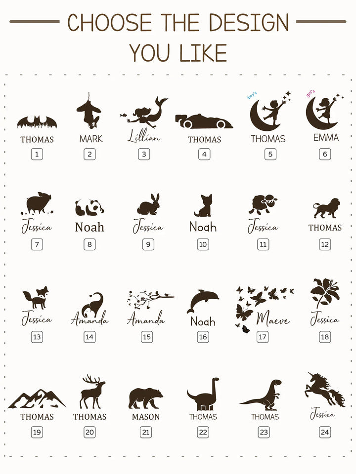Personalized design options for growth chart rulers featuring names and playful animal illustrations.