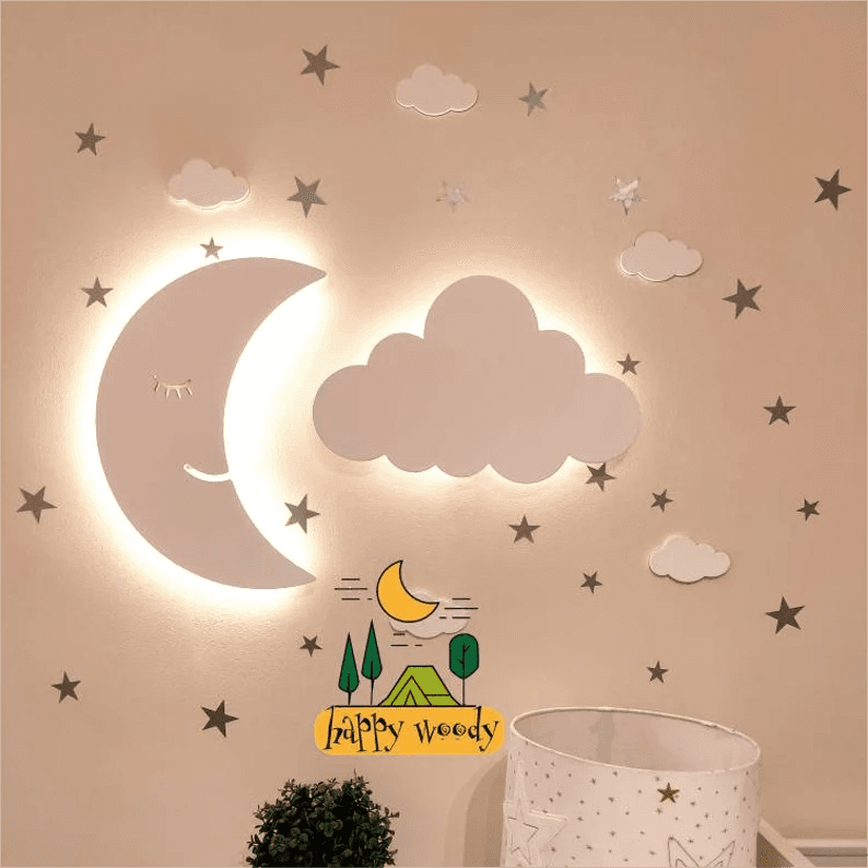 Moon and cloud wall light fixture for nursery with warm white LED, surrounded by stars and playful decor.