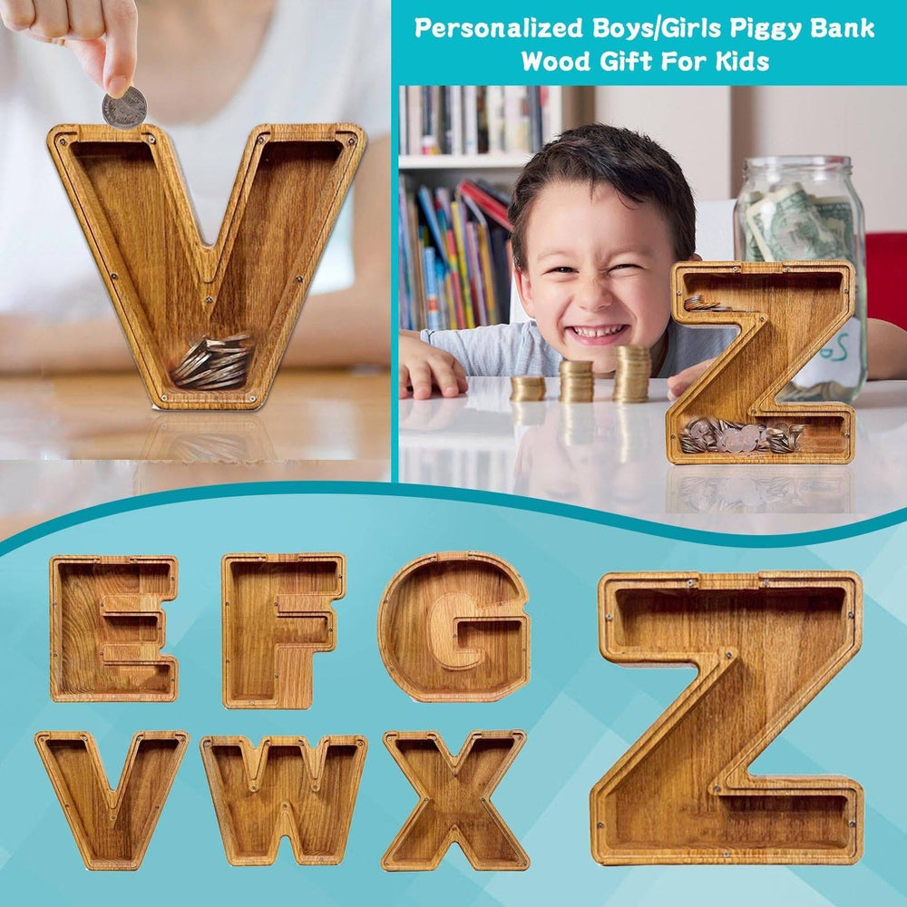 Personalized wooden letter piggy banks for kids, featuring savings and financial awareness designs.