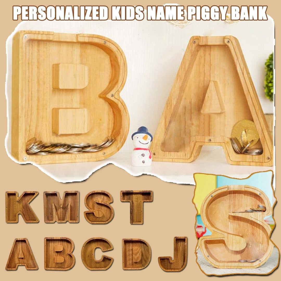 Personalized wooden letter piggy bank for kids, featuring letters B, A, and more, ideal baby gift for financial learning.