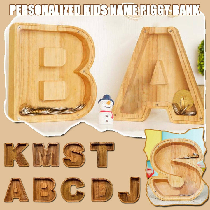 Personalized wooden letter piggy bank for kids, featuring letters B, A, and more, ideal baby gift for financial learning.