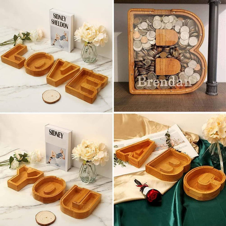 Personalized wooden letter piggy banks showcasing names and words, promoting financial awareness for kids.