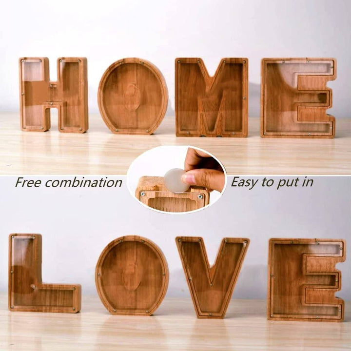 Personalized wooden letters spelling HOME and LOVE, designed as piggy banks for kids' savings.