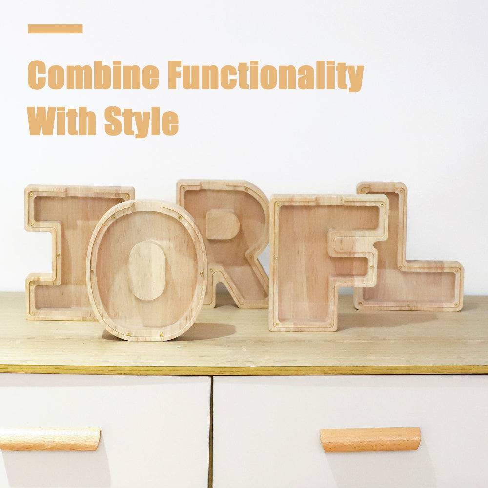 Personalized wooden letter piggy bank display on a table, promoting financial awareness for kids.