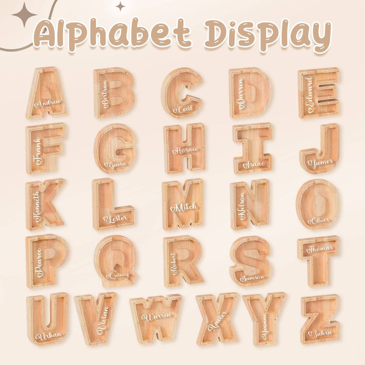 Wooden alphabet display with personalized names for children, perfect for learning and decor.