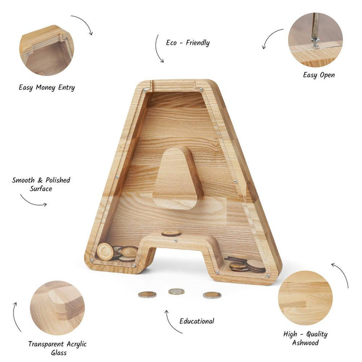 Personalized wooden letter piggy bank made of high-quality ashwood, eco-friendly and educational money box for kids.