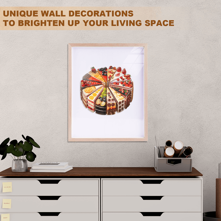 Framed wall art featuring a colorful cake selection, enhancing your living space with unique decorations.