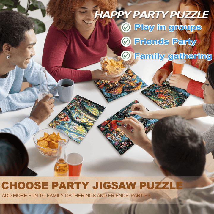 Group enjoying a Happy Party Puzzle, featuring jigsaw puzzles for friends and family gatherings.