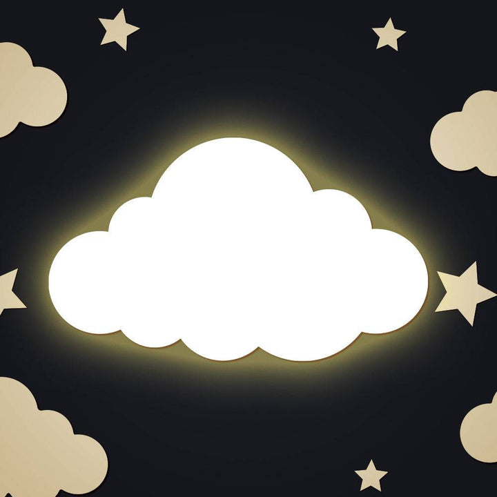 Glow-in-the-dark cloud wall light design surrounded by stars on a dark background.