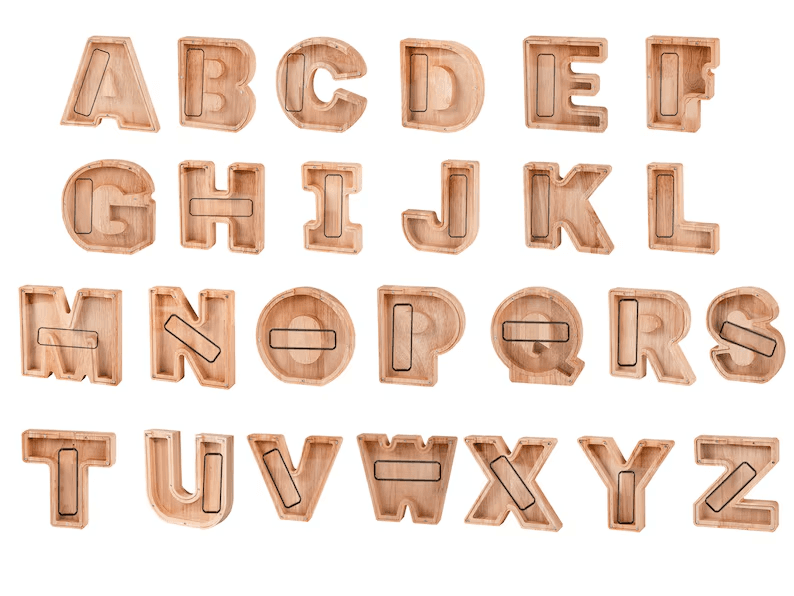 Wooden letters A-Z for kids' educational toys and personalized piggy banks, promoting financial awareness and savings.