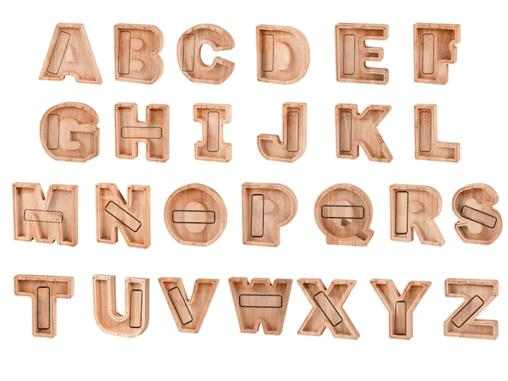 Wooden letters A-Z for kids' educational toys and personalized piggy banks, promoting financial awareness and savings.