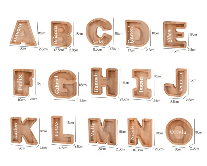 Personalized wooden letter piggy banks for kids. Names in various sizes displayed on a white background.