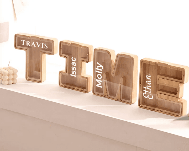Personalized wooden letter piggy bank money box spelling 'TIME' for kids' financial education.