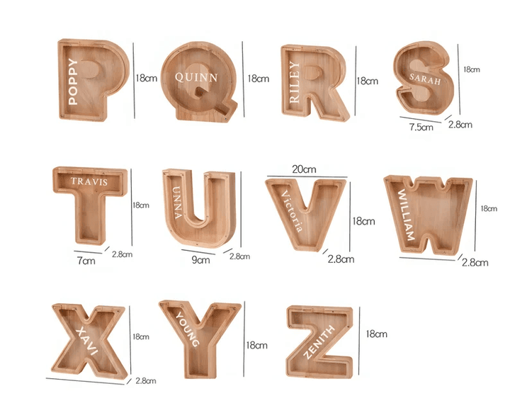Personalized wooden letters for piggy banks, showcasing names and dimensions, ideal for kids' savings awareness.
