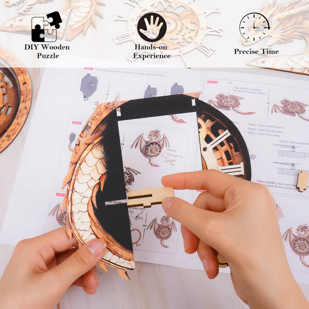 Hands assembling a DIY wooden clock puzzle with a detailed instruction guide, showcasing skillful craftsmanship.