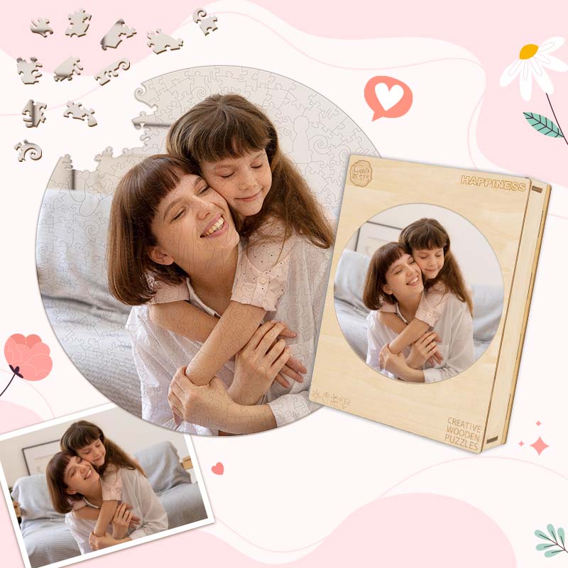 Personalized wooden puzzle featuring a joyful moment between a mother and daughter, showcasing love and creativity.