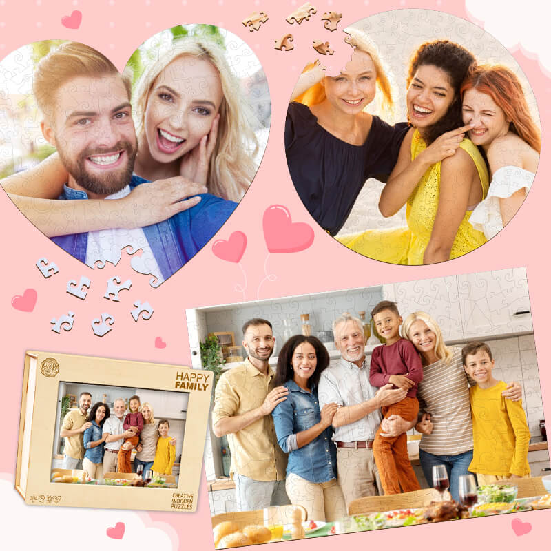 Custom photo wooden puzzle gift featuring happy family moments, surrounded by heart shapes and colorful patterns.