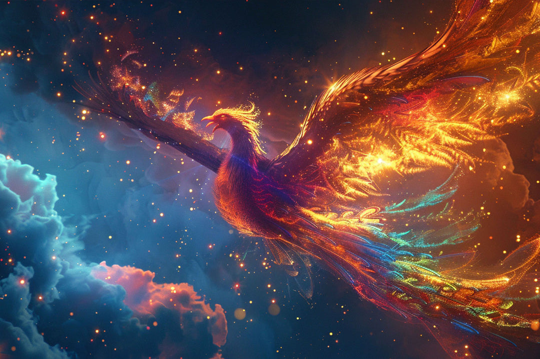 Vibrant phoenix soaring through a cosmic backdrop, symbolizing creativity and exploration in jigsaw puzzles.