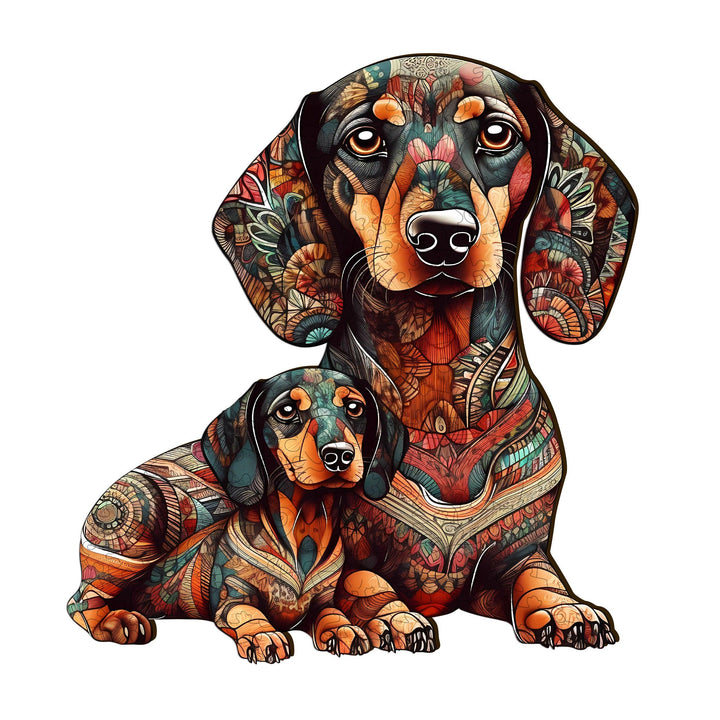 Colorful illustration of a Dachshund family, featuring intricate patterns and vibrant designs on the dogs.