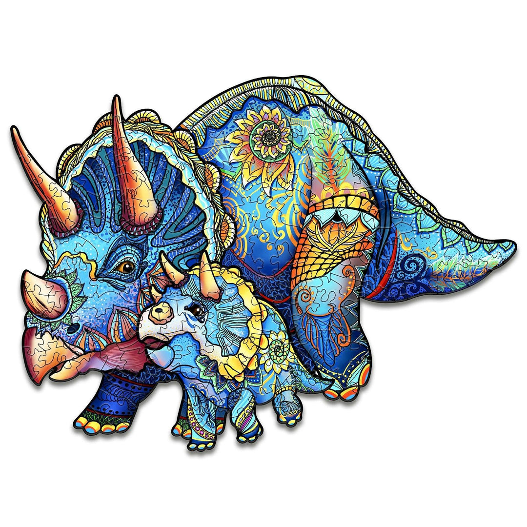 Colorful Triceratops wooden jigsaw puzzle featuring a parent and baby design, ideal gift for puzzle lovers.
