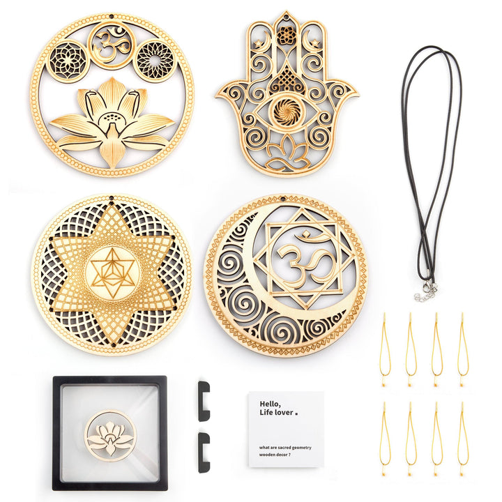 5.31 Sacred Geometry Wall Art Decor 4 PCS Set (Sacred Lotus, Hamsa Hand, Soul Star, Union Sun Moon)