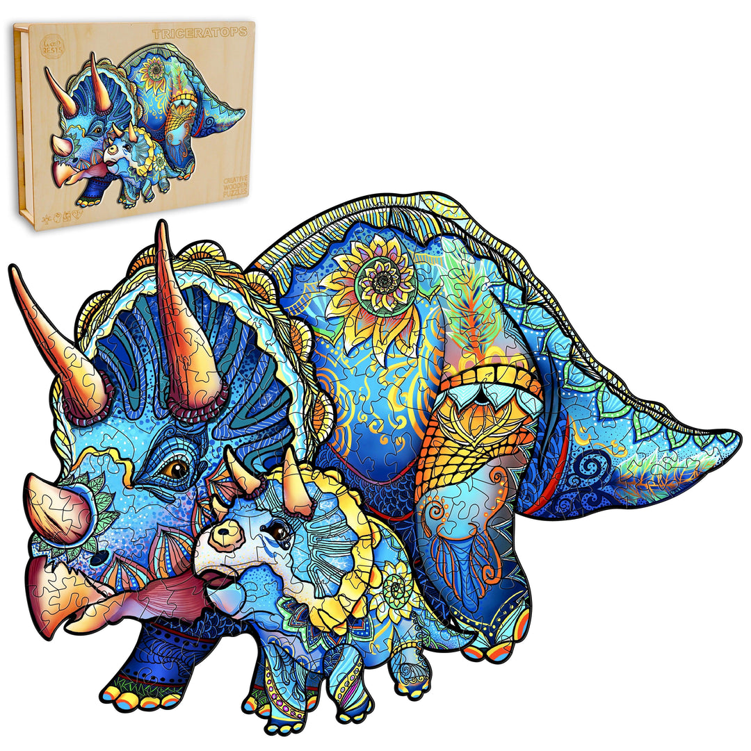 Colorful Triceratops wooden jigsaw puzzle set with unique pieces in premium gift box, ideal for kids and adults.