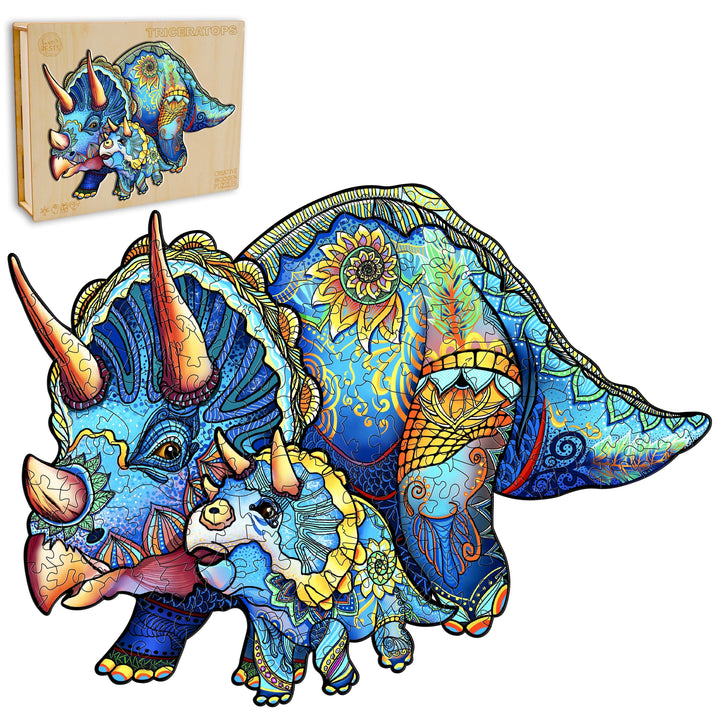 Colorful Triceratops wooden jigsaw puzzle set with unique pieces in premium gift box, ideal for kids and adults.