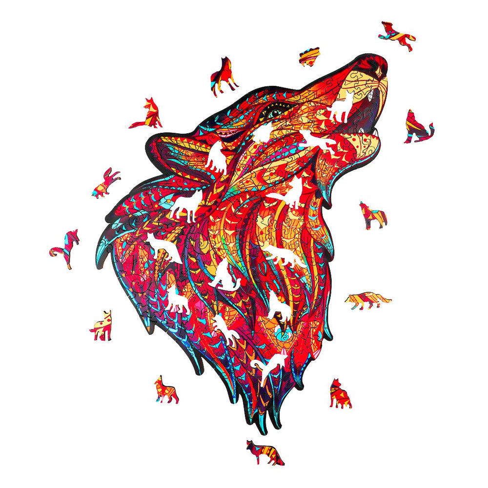 Red Howling Wolf Wooden Jigsaw Puzzle
