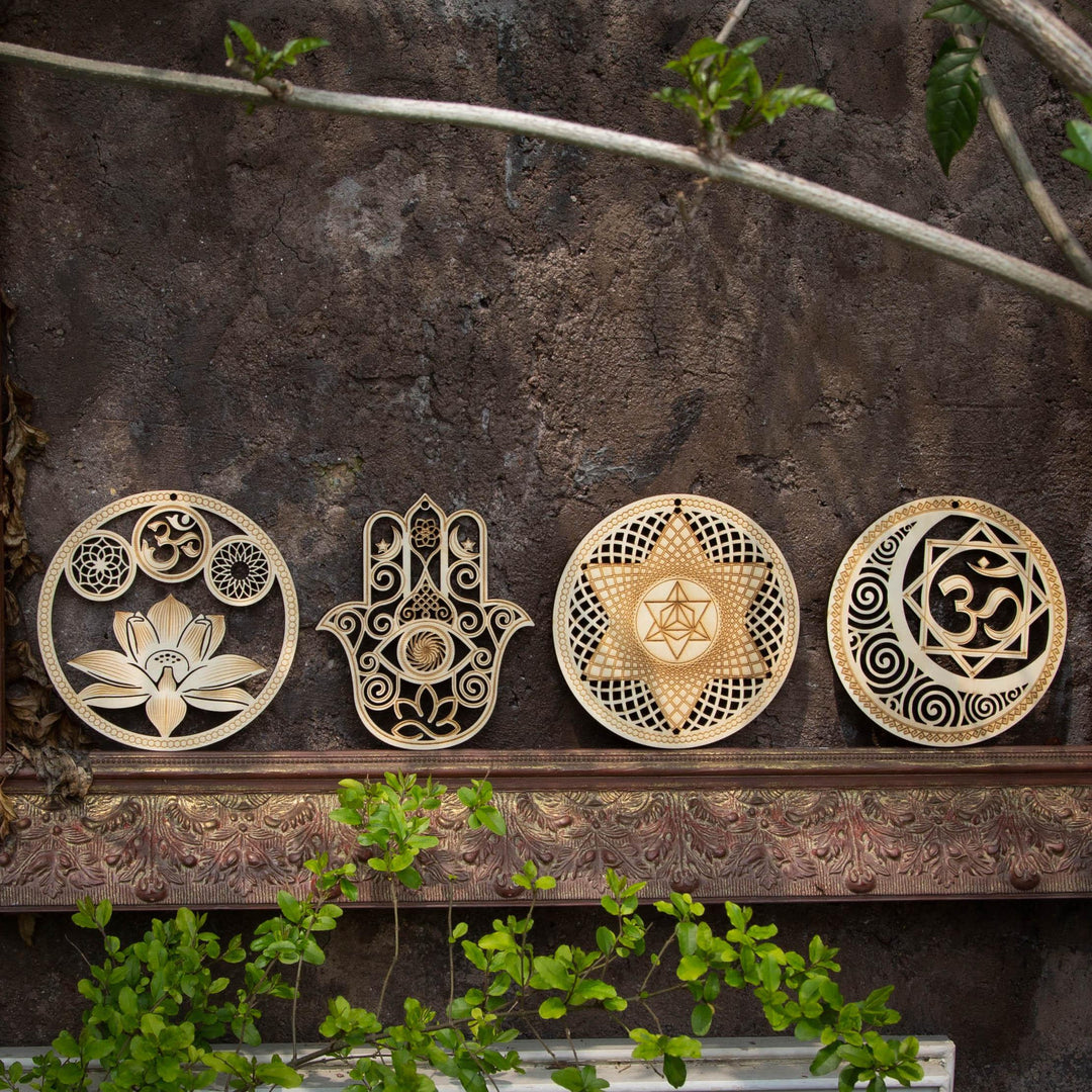 5.31 Sacred Geometry Wall Art Decor 4 PCS Set (Sacred Lotus, Hamsa Hand, Soul Star, Union Sun Moon)